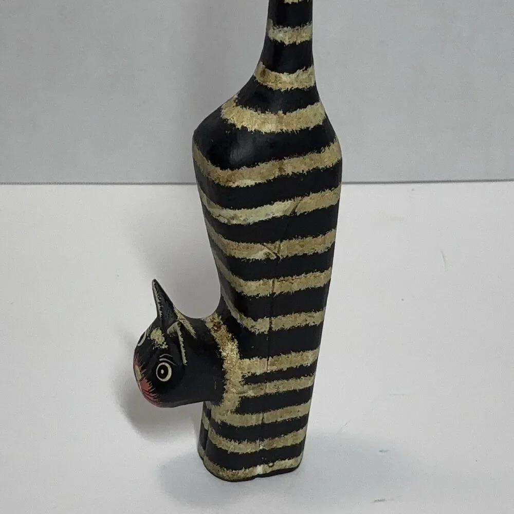 Carved Wooden Striped Cat Figurine Folk Art Hand-Painted Black Gold